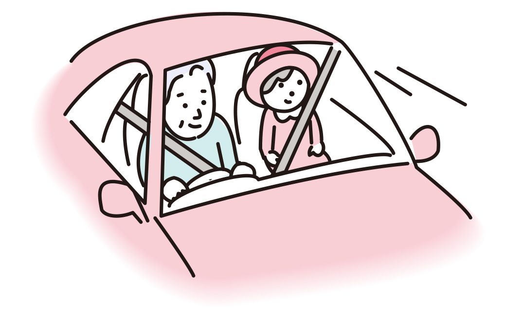 高齢者が幼稚園児を助手席に乗せて得意げに運転しているシーン